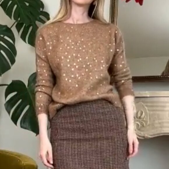 BEST Sezane Lizy Cardigan Camel Gold Polka Dot French Wool Causal - Picture 4 of 11